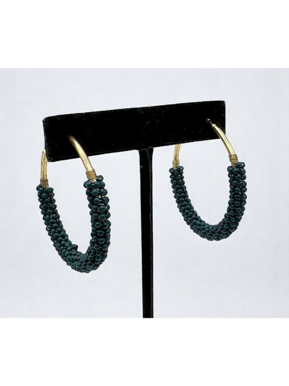 Green Beaded Hoop Earrings Gold Tone Retro 80s
